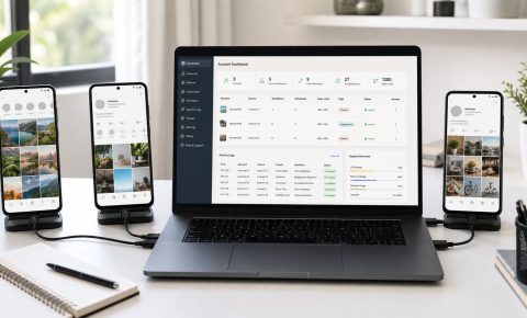 Several Android phones connected to one laptop dashboard for managing multiple Instagram accounts