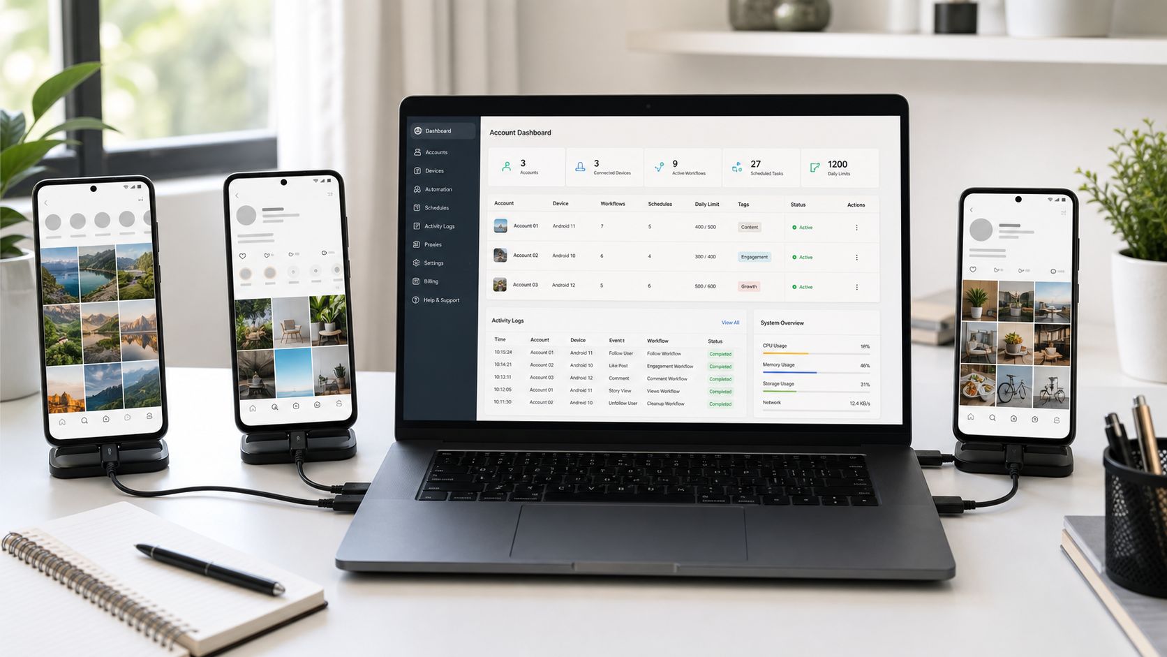 Several Android phones connected to one laptop dashboard for managing multiple Instagram accounts